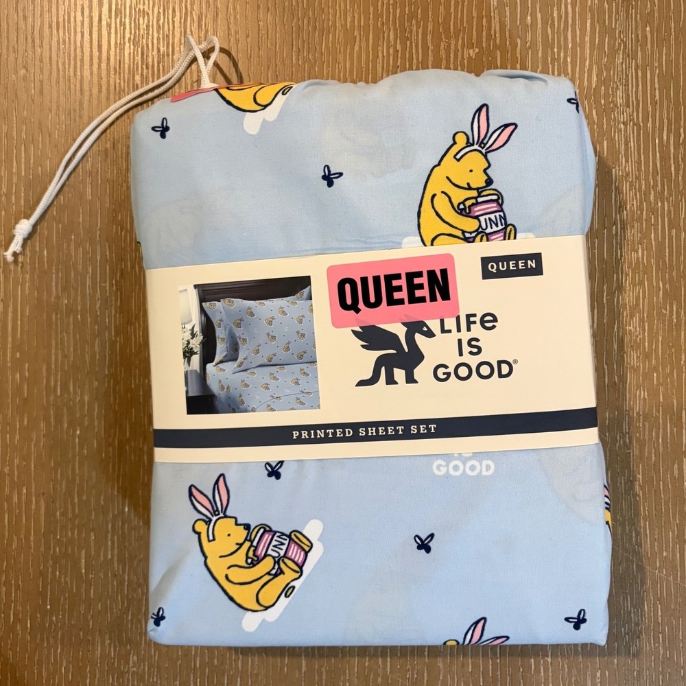 Life is Good Queen Sheet Set Winnie the Pooh Honey Bunny Blue Print Bedding NEW